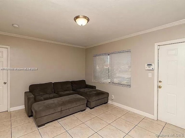 tiled living room featuring ornamental molding