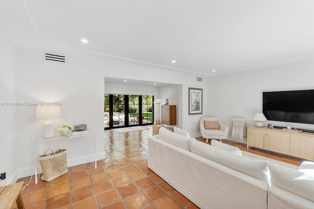 tiled living room with french doors