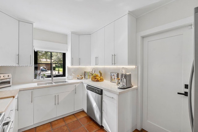 kitchen featuring appliances with stainless steel finishes, sink, decorative backsplash, and white cabinets