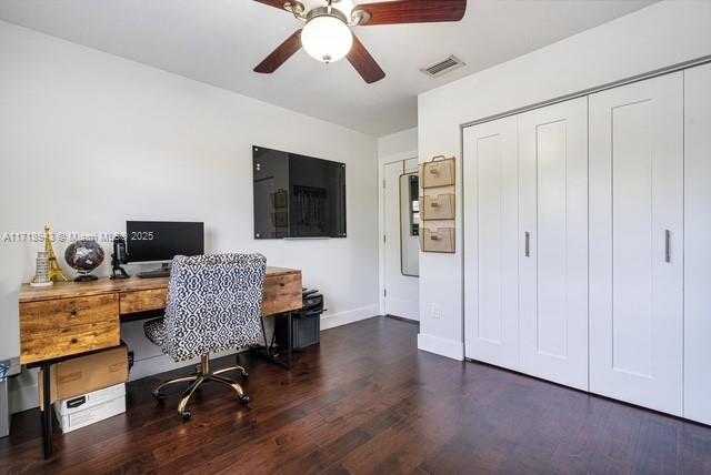 office with ceiling fan and dark wood-type flooring