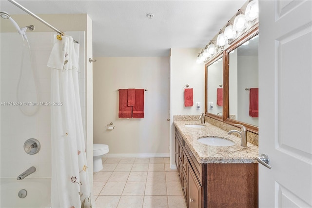 full bathroom featuring toilet, tile patterned flooring, vanity, and shower / tub combo with curtain