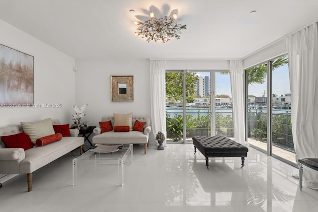 interior space featuring tile patterned flooring, an inviting chandelier, and plenty of natural light