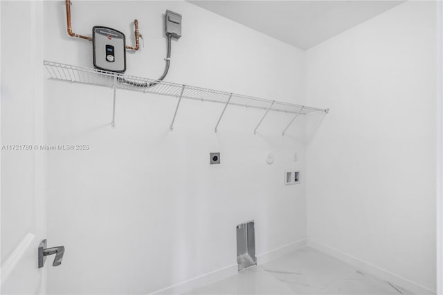 clothes washing area with hookup for a washing machine and hookup for an electric dryer