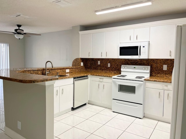 kitchen with kitchen peninsula, sink, white cabinets, and white appliances