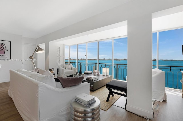 living room featuring light wood-type flooring, a water view, and floor to ceiling windows