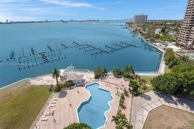 drone / aerial view featuring a water view