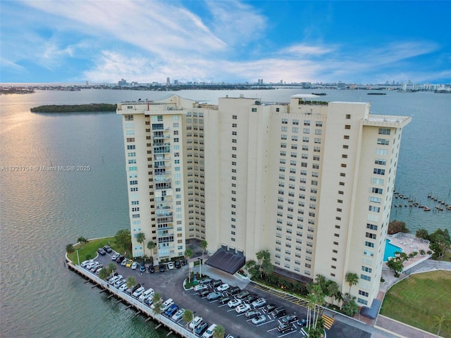 drone / aerial view with a water view