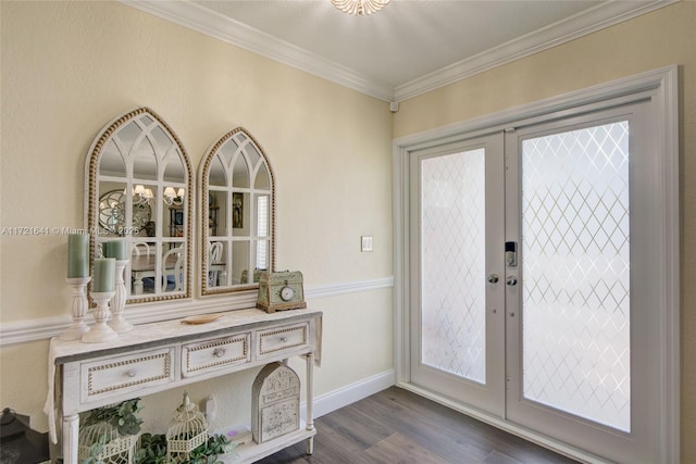 doorway to outside with ornamental molding and dark hardwood / wood-style flooring