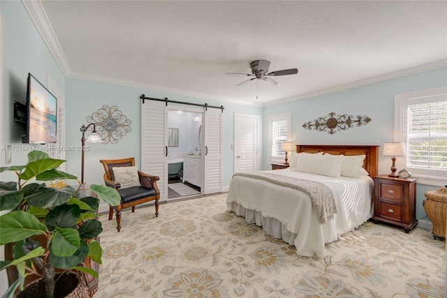 bedroom featuring multiple windows, ceiling fan, crown molding, and connected bathroom