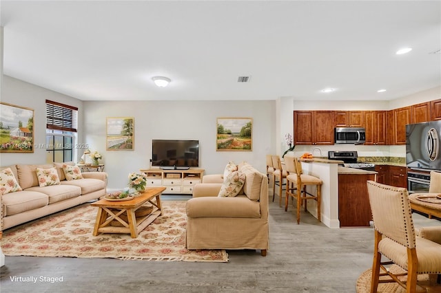 living room featuring sink and light hardwood / wood-style floors