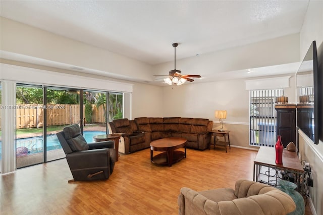 living room with light hardwood / wood-style floors and ceiling fan