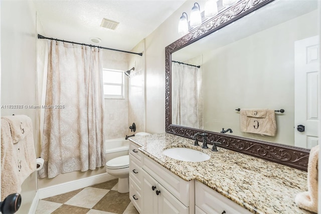 full bathroom with shower / bath combination with curtain, toilet, and vanity