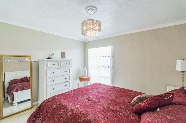 bedroom featuring crown molding, light tile patterned flooring, a chandelier, and a textured ceiling