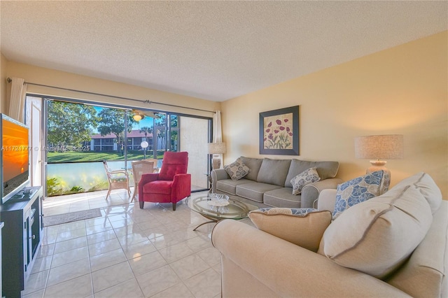 living room with a textured ceiling