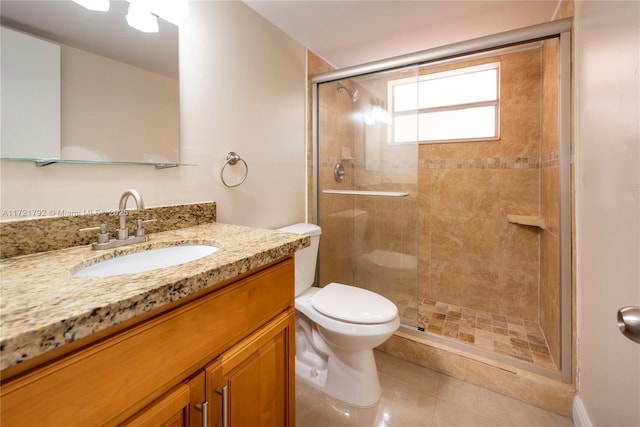 bathroom featuring an enclosed shower, tile patterned floors, and toilet