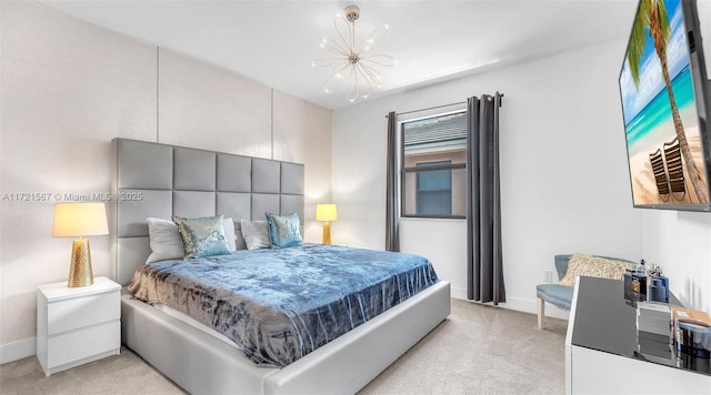 bedroom with light carpet and a notable chandelier