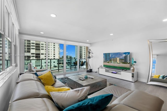 living room with hardwood / wood-style flooring and expansive windows