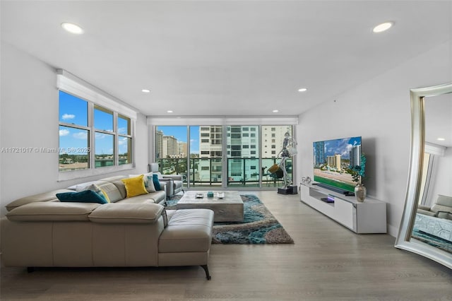 living room featuring light hardwood / wood-style floors and a wall of windows