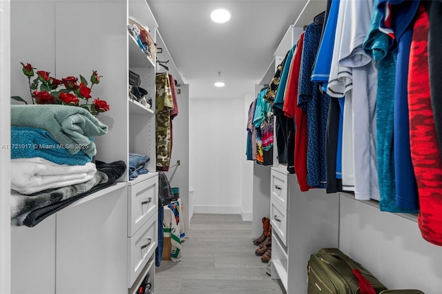 spacious closet with light hardwood / wood-style flooring