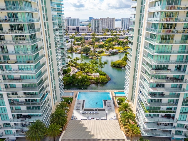 exterior space with a water view