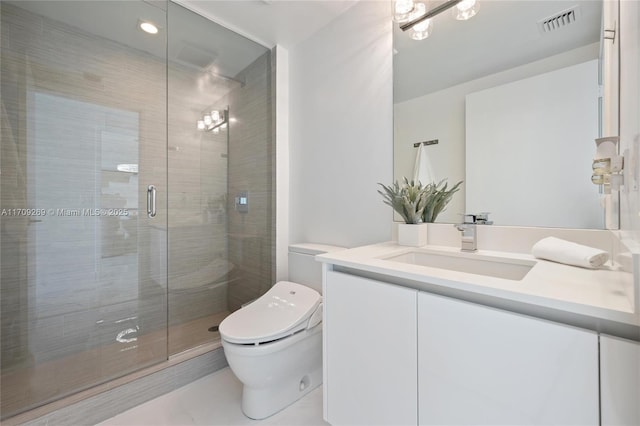 bathroom featuring toilet, a stall shower, vanity, and visible vents