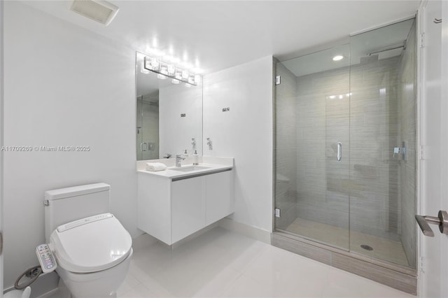 full bathroom with tile patterned flooring, toilet, visible vents, vanity, and a shower stall