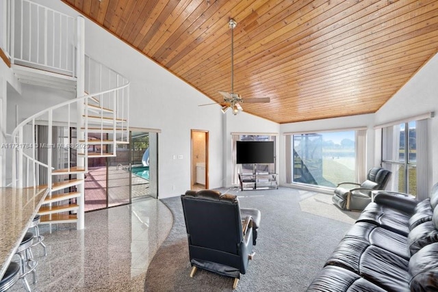 11340 SW 1st St, Coral Springs, FL 33071 - living area featuring wood ceiling, high vaulted ceiling, a wealth of natural light, and stairway
