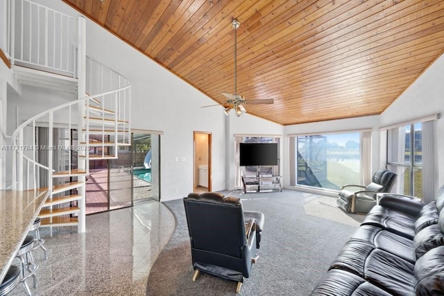 living room featuring high vaulted ceiling, wooden ceiling, and ceiling fan