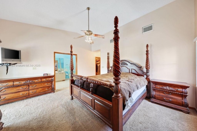 11340 SW 1st St, Coral Springs, FL 33071 - carpeted bedroom with a ceiling fan, ensuite bath, vaulted ceiling, and visible vents