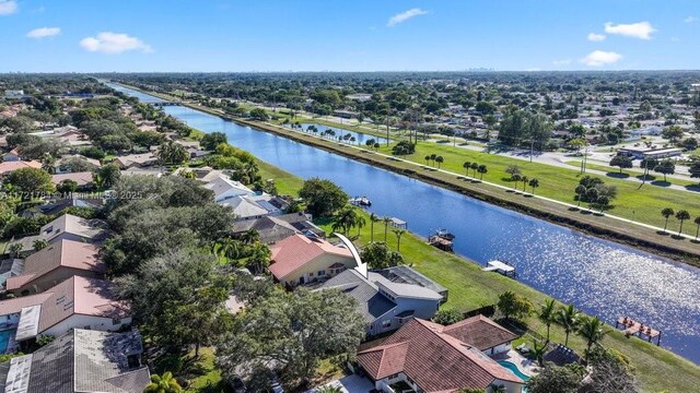 aerial view featuring a water view