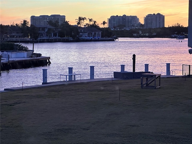 view of water feature with a dock