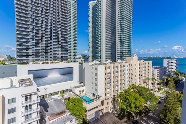 exterior space with a water view