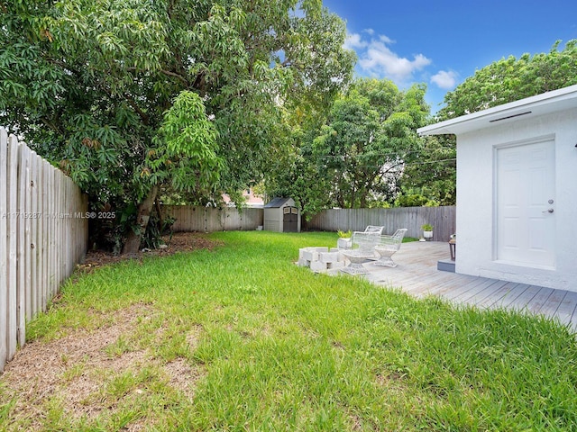 view of yard featuring a patio and a storage unit