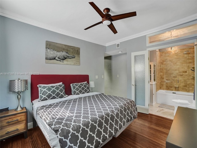 bedroom featuring connected bathroom, ceiling fan, dark hardwood / wood-style floors, and ornamental molding