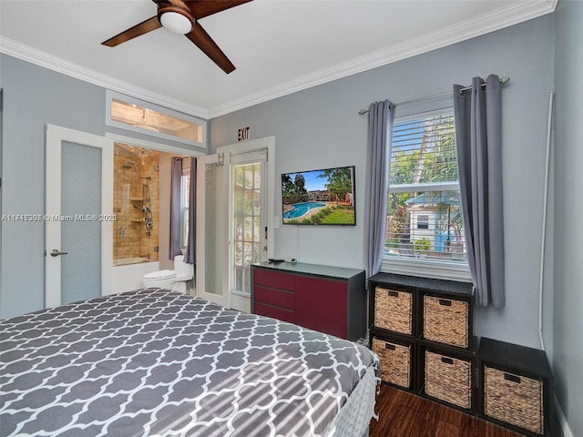 bedroom featuring ceiling fan, ornamental molding, connected bathroom, and multiple windows