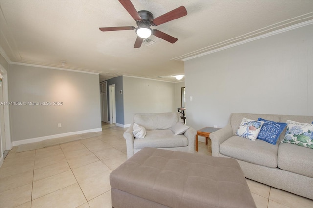 living room with crown molding, light tile patterned floors, a textured ceiling, and ceiling fan