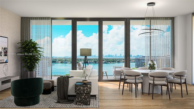 dining room featuring hardwood / wood-style floors, plenty of natural light, a water view, and a chandelier