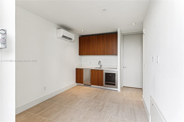 bar with wine cooler, a wall unit AC, and sink