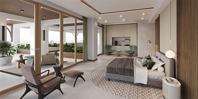 bedroom featuring a wall of windows and light tile patterned floors