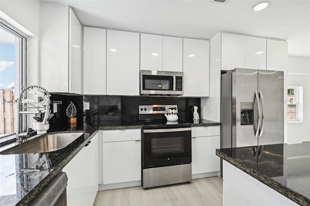 kitchen featuring white cabinets, decorative backsplash, sink, and stainless steel appliances