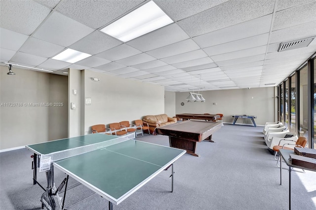 recreation room featuring a paneled ceiling, carpet flooring, and billiards