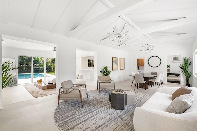 living room featuring beam ceiling, ceiling fan, and high vaulted ceiling