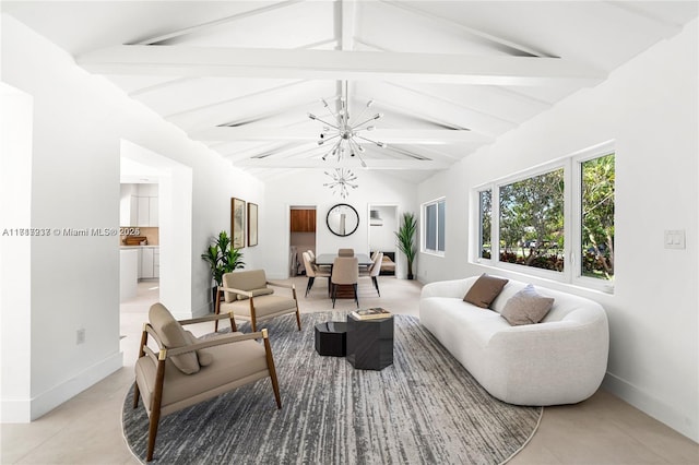 tiled living room with vaulted ceiling with beams and a chandelier