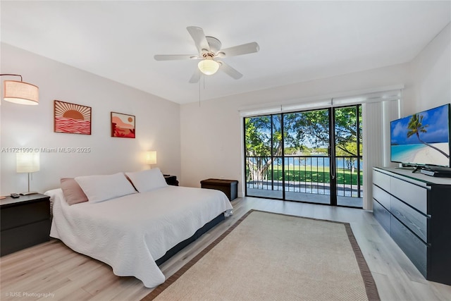 bedroom featuring ceiling fan, access to exterior, and light wood-type flooring