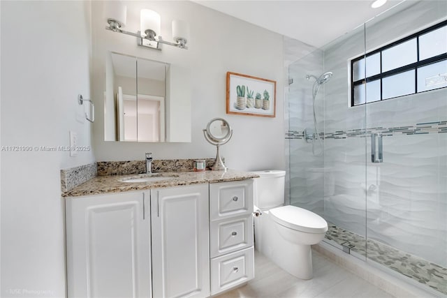 bathroom with vanity, toilet, and a shower with shower door