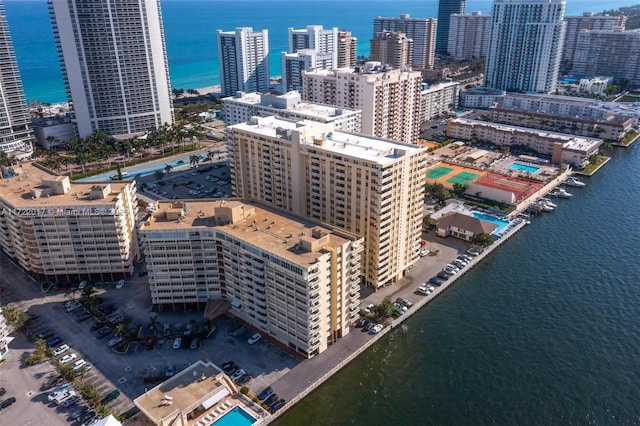 aerial view featuring a water view