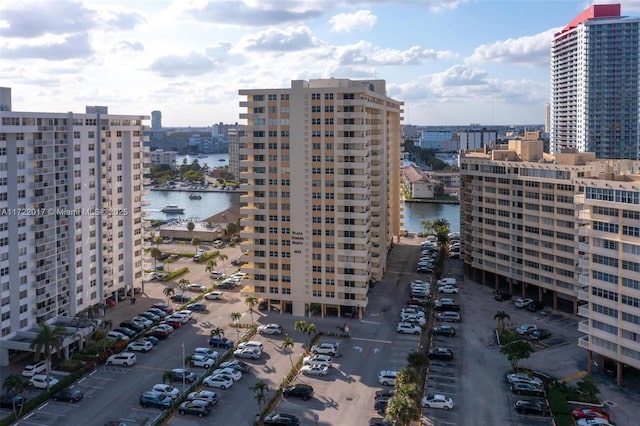 view of building exterior with a water view