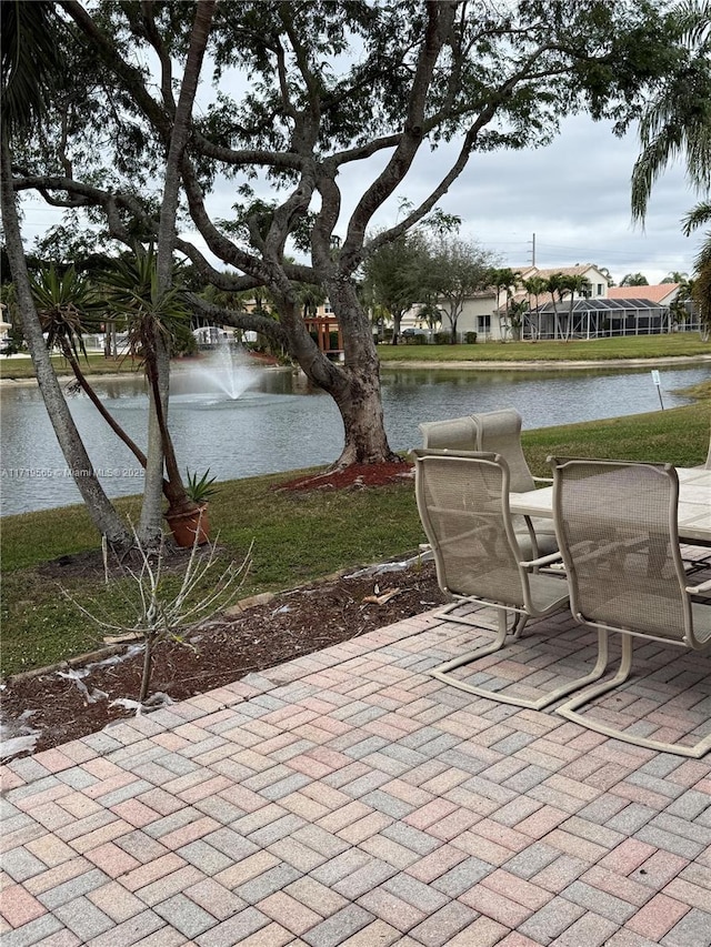 view of patio / terrace featuring a water view