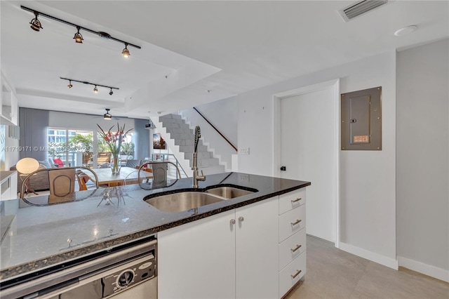 kitchen featuring stainless steel dishwasher, dark stone counters, sink, electric panel, and white cabinetry