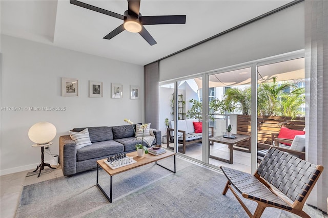 living room with ceiling fan